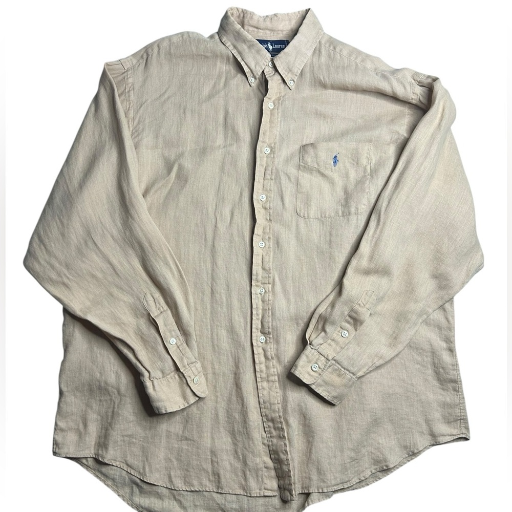 Ralph Lauren 100% Linen Big Shirt Men’s XL Beige Button Down Long Sleeve Classic